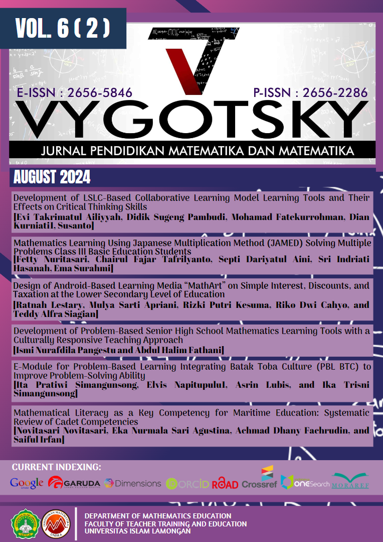 					View Vol. 6 No. 2 (2024): Vygotsky: Jurnal Pendidikan Matematika dan Matematika
				